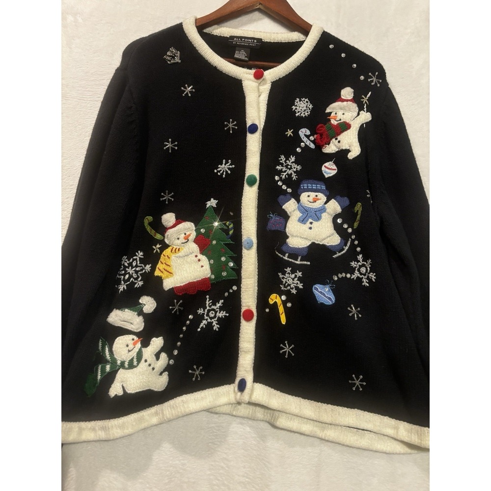 Vintage 90s Snowman Sweater Holiday Grandma XL‎ Black Cardigan Metal Charm